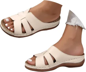 2025 Summer Orthopedic Wedge Sandals for Women Hollow Solid Color Open Toe Fashion Thick Soled Slippers Comfortable Beach Walking Bohemian Slip on Stylish Shoes with Arch Support