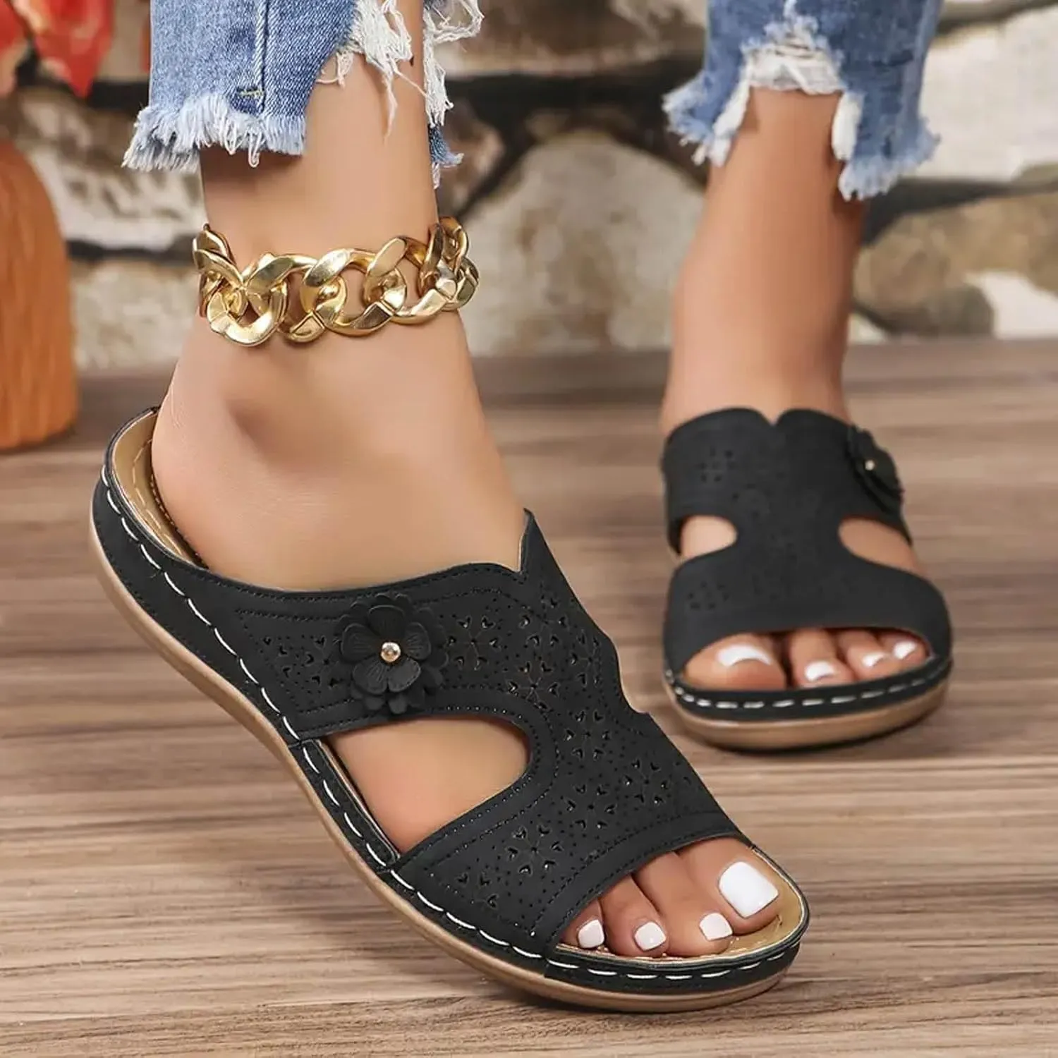 2025 Women Comfortable Orthopedic Sandals Summer Breathable Cut-Out Cute Flower Vacation Slippers with Arch Support Fashion Open Toe Ladies Dress Walking Footwear Outdoor Slip-On Shop Platform Shoes