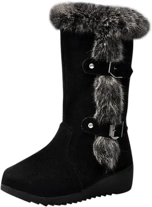 Ankle Boots for Women Comfy Fashion Suede Winter Warm Padded Cotton Boots Slope Heel Belt Buckle Fur Mid-Calf Boots