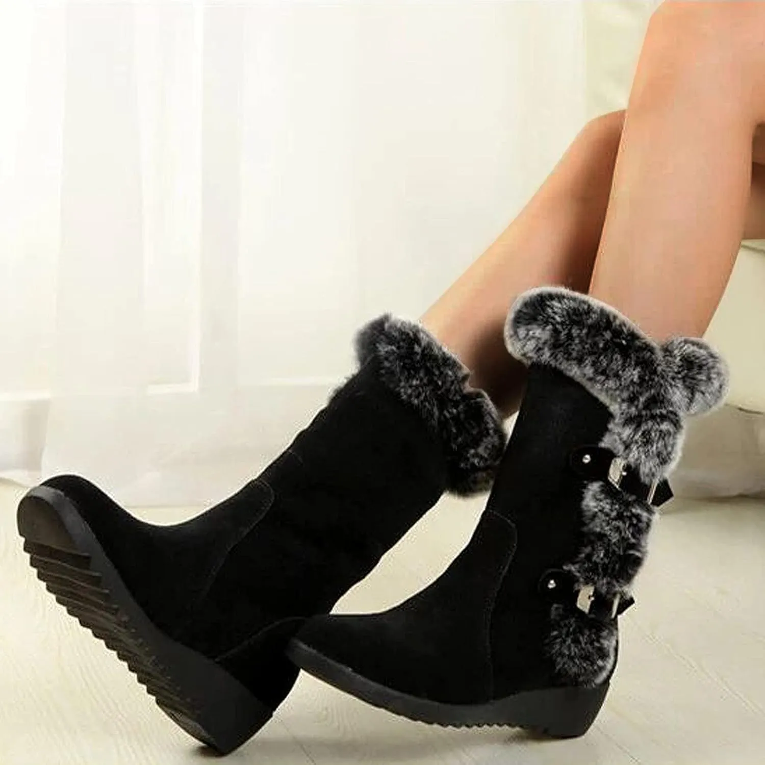 Ankle Boots for Women Comfy Fashion Suede Winter Warm Padded Cotton Boots Slope Heel Belt Buckle Fur Mid-Calf Boots