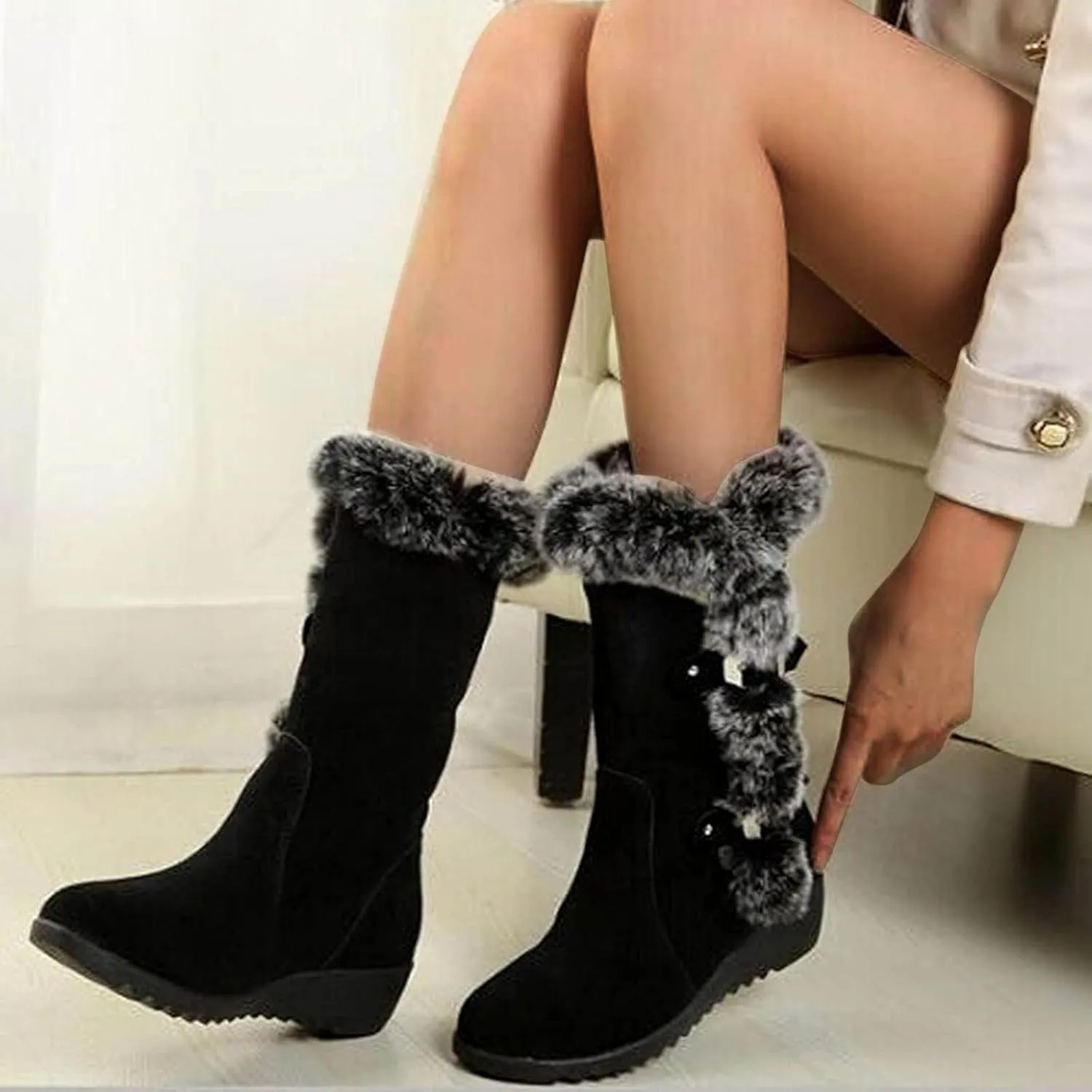 Ankle Boots for Women Comfy Fashion Suede Winter Warm Padded Cotton Boots Slope Heel Belt Buckle Fur Mid-Calf Boots