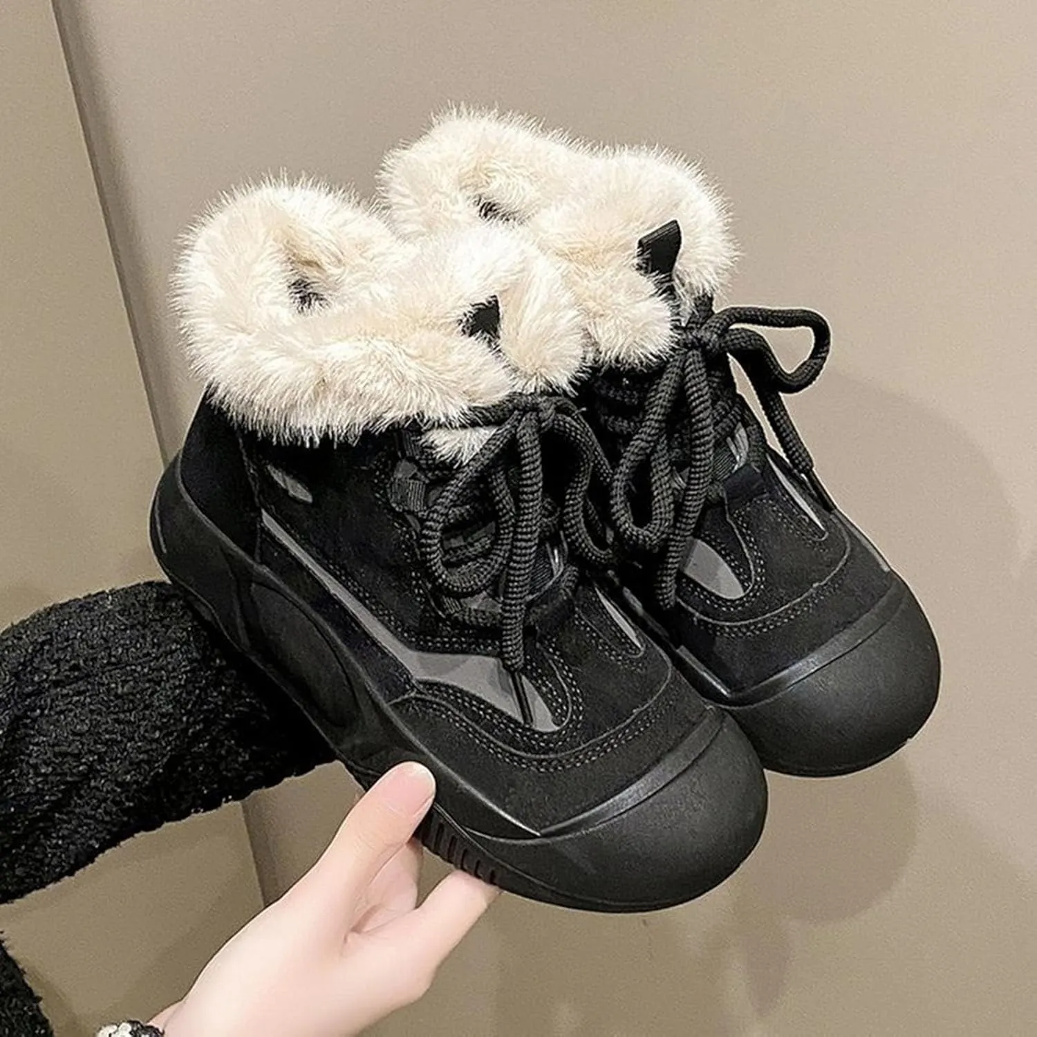 Ankle Boots for Women Comfy Fur Boots for Women Winter Padded Furry Flat Shoes Hundred Casual Lace Pp Warm Boots