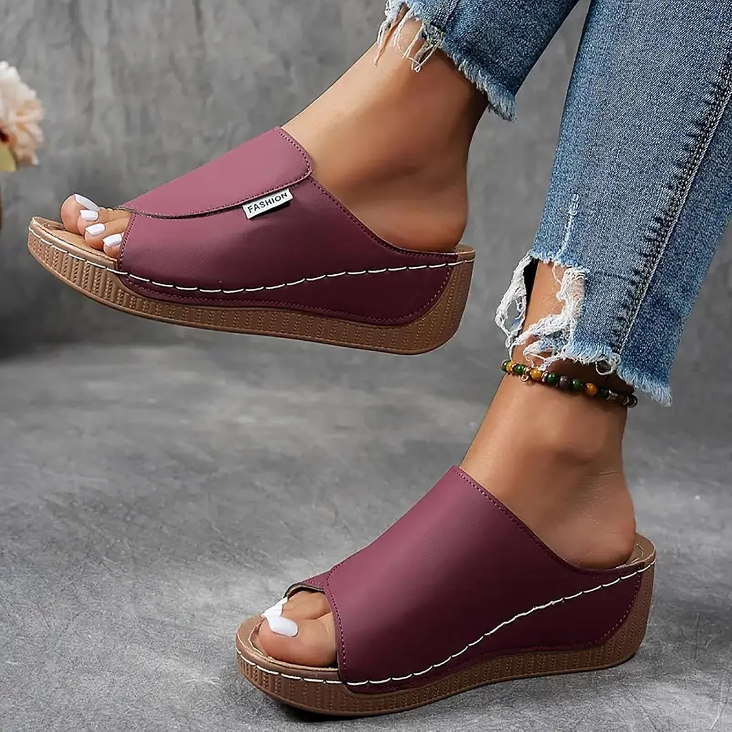 Arch Support Wedge Sandals for Women Summer Dressy, Slides Open Toe Leather Platform Orthopedic Sandals Casual Boho Slip on Beach Sandals Dress Shoes Outdoor ComfortableWalking Shoes
