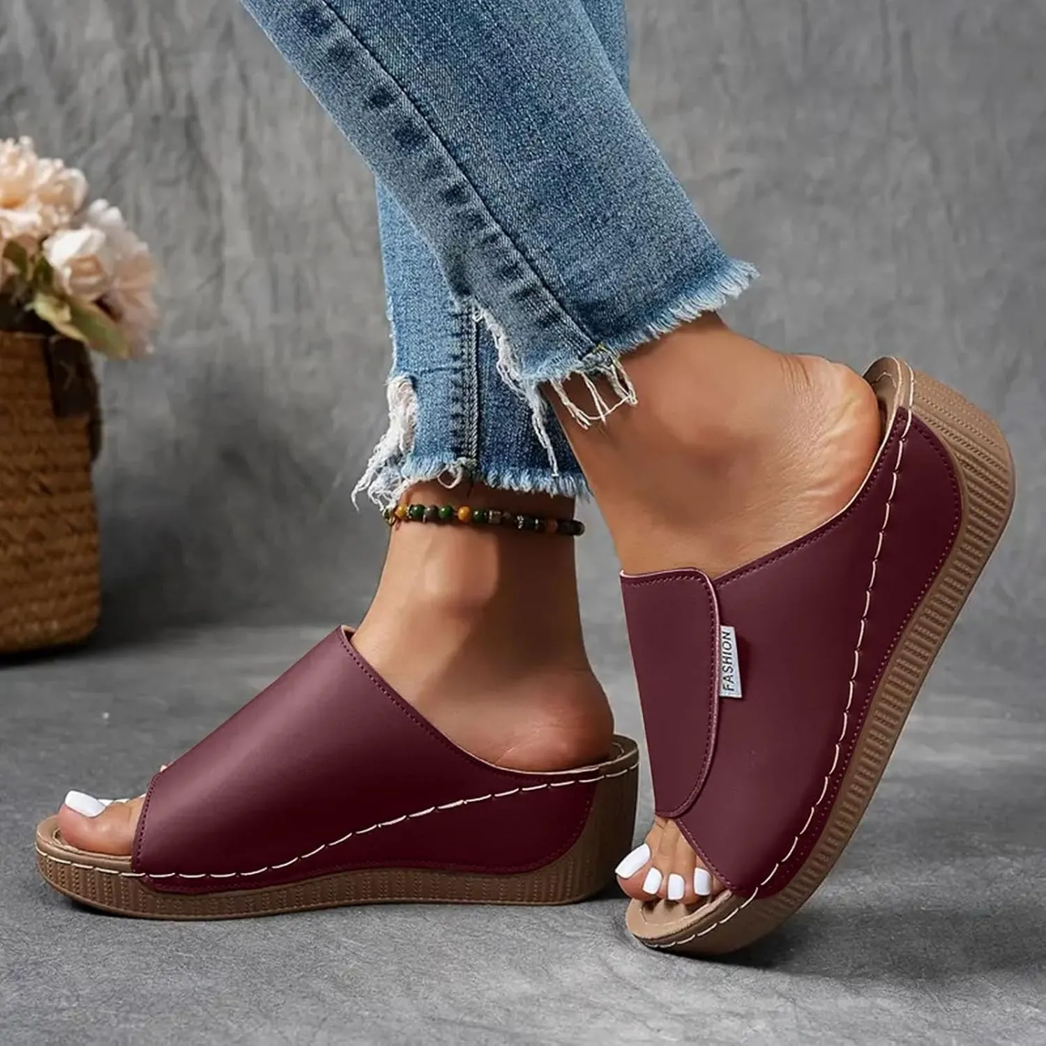 Arch Support Wedge Sandals for Women Summer Dressy, Slides Open Toe Leather Platform Orthopedic Sandals Casual Boho Slip on Beach Sandals Dress Shoes Outdoor ComfortableWalking Shoes