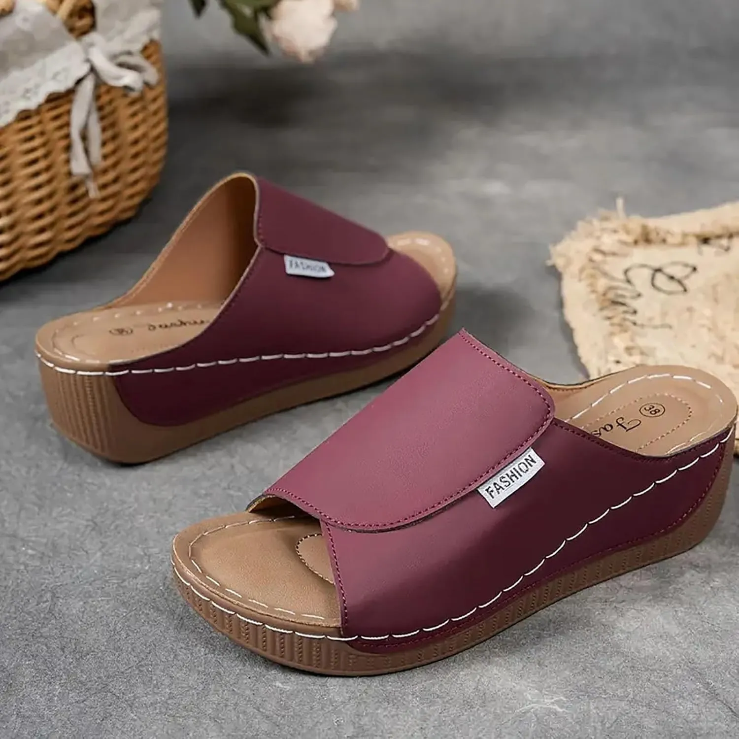 Arch Support Wedge Sandals for Women Summer Dressy, Slides Open Toe Leather Platform Orthopedic Sandals Casual Boho Slip on Beach Sandals Dress Shoes Outdoor ComfortableWalking Shoes
