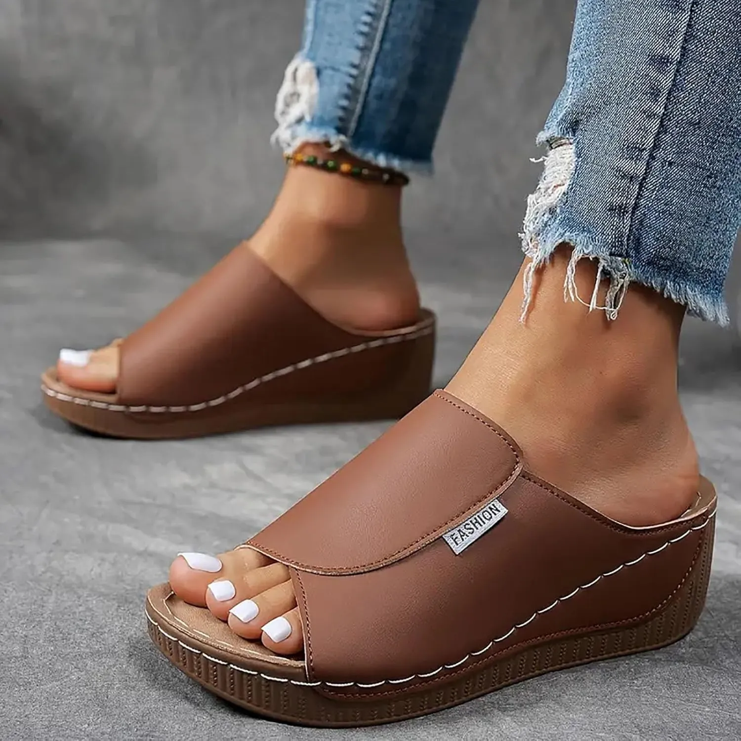 Arch Support Wedge Sandals for Women Summer Dressy, Slides Open Toe Leather Platform Orthopedic Sandals Casual Boho Slip on Beach Sandals Dress Shoes Outdoor ComfortableWalking Shoes