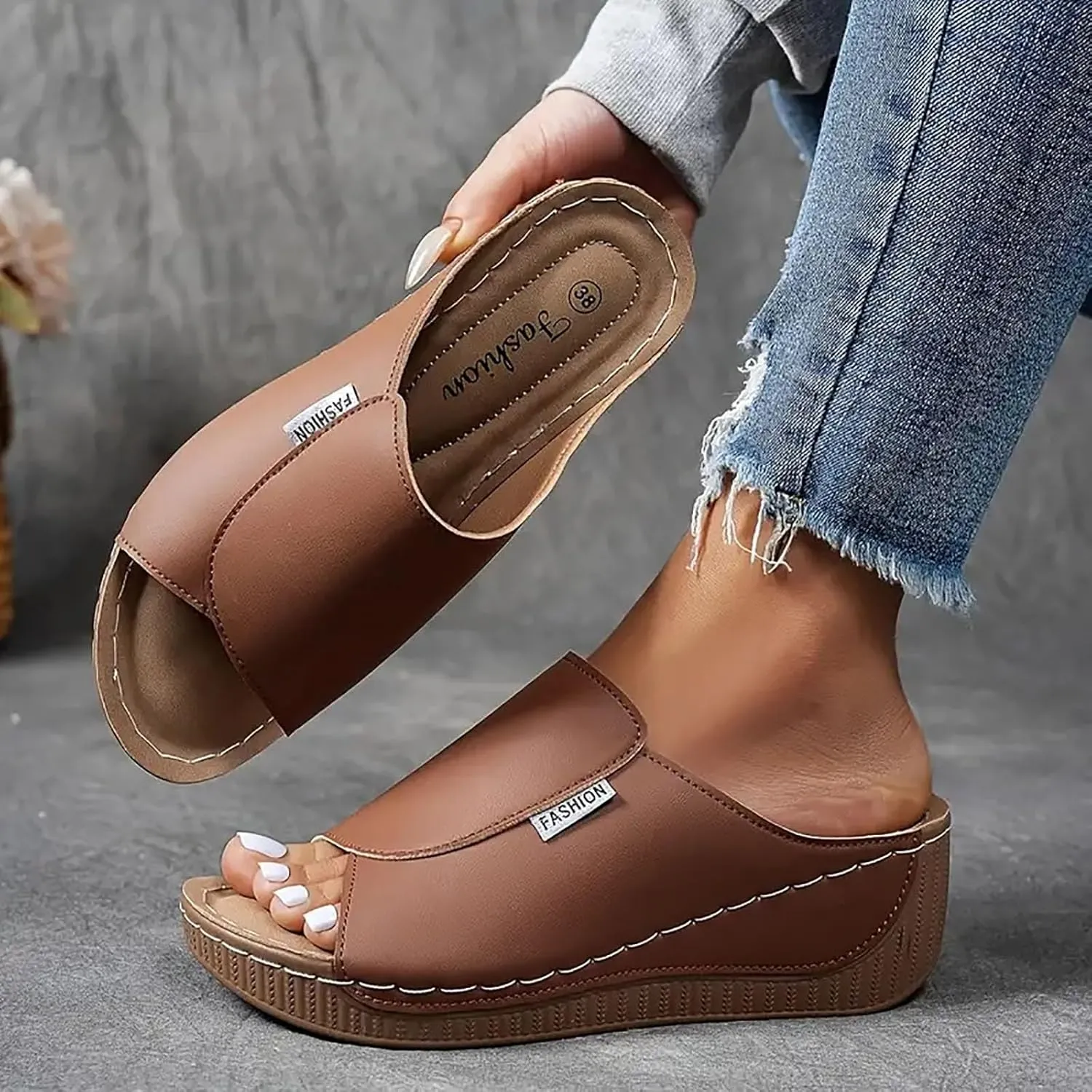 Arch Support Wedge Sandals for Women Summer Dressy, Slides Open Toe Leather Platform Orthopedic Sandals Casual Boho Slip on Beach Sandals Dress Shoes Outdoor ComfortableWalking Shoes