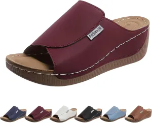 Arch Support Wedge Sandals for Women Summer Dressy, Slides Open Toe Leather Platform Orthopedic Sandals Casual Boho Slip on Beach Sandals Dress Shoes Outdoor ComfortableWalking Shoes