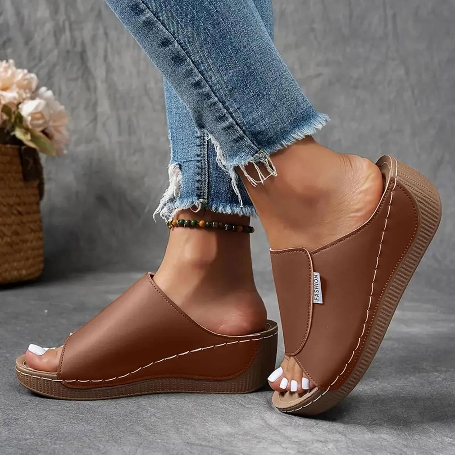Arch Support Wedge Sandals for Women Summer Dressy, Slides Open Toe Leather Platform Orthopedic Sandals Casual Boho Slip on Beach Sandals Dress Shoes Outdoor ComfortableWalking Shoes
