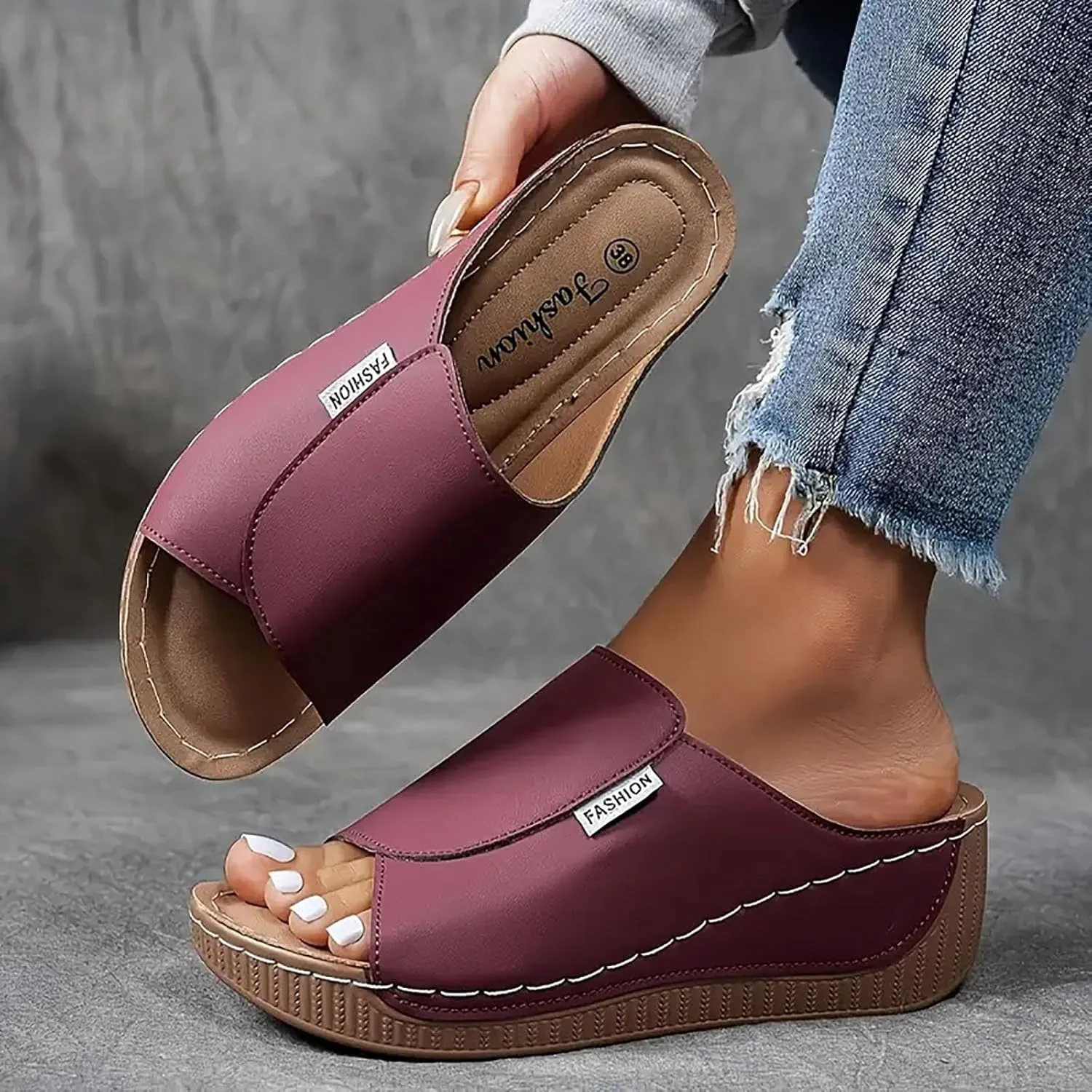 Arch Support Wedge Sandals for Women Summer Dressy, Slides Open Toe Leather Platform Orthopedic Sandals Casual Boho Slip on Beach Sandals Dress Shoes Outdoor ComfortableWalking Shoes