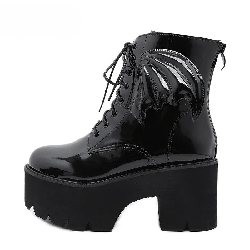 Bat Wing PVC Lace-up Ankle Platform Boot
