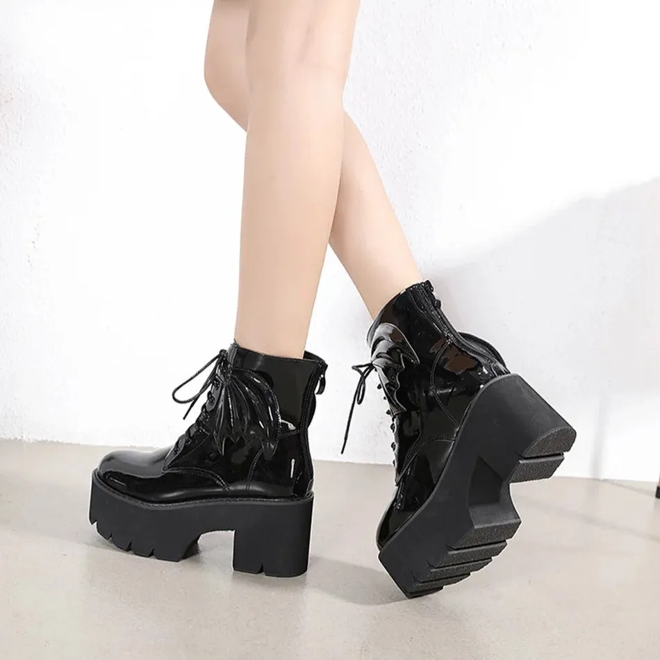 Bat Wing PVC Lace-up Ankle Platform Boot
