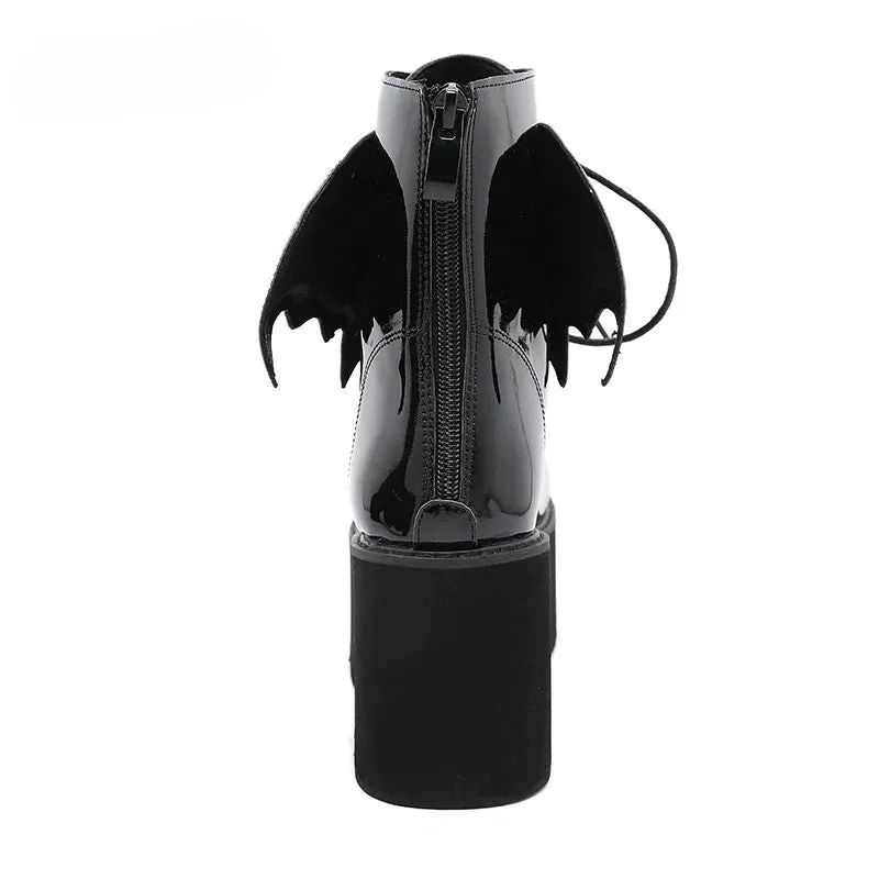 Bat Wing PVC Lace-up Ankle Platform Boot