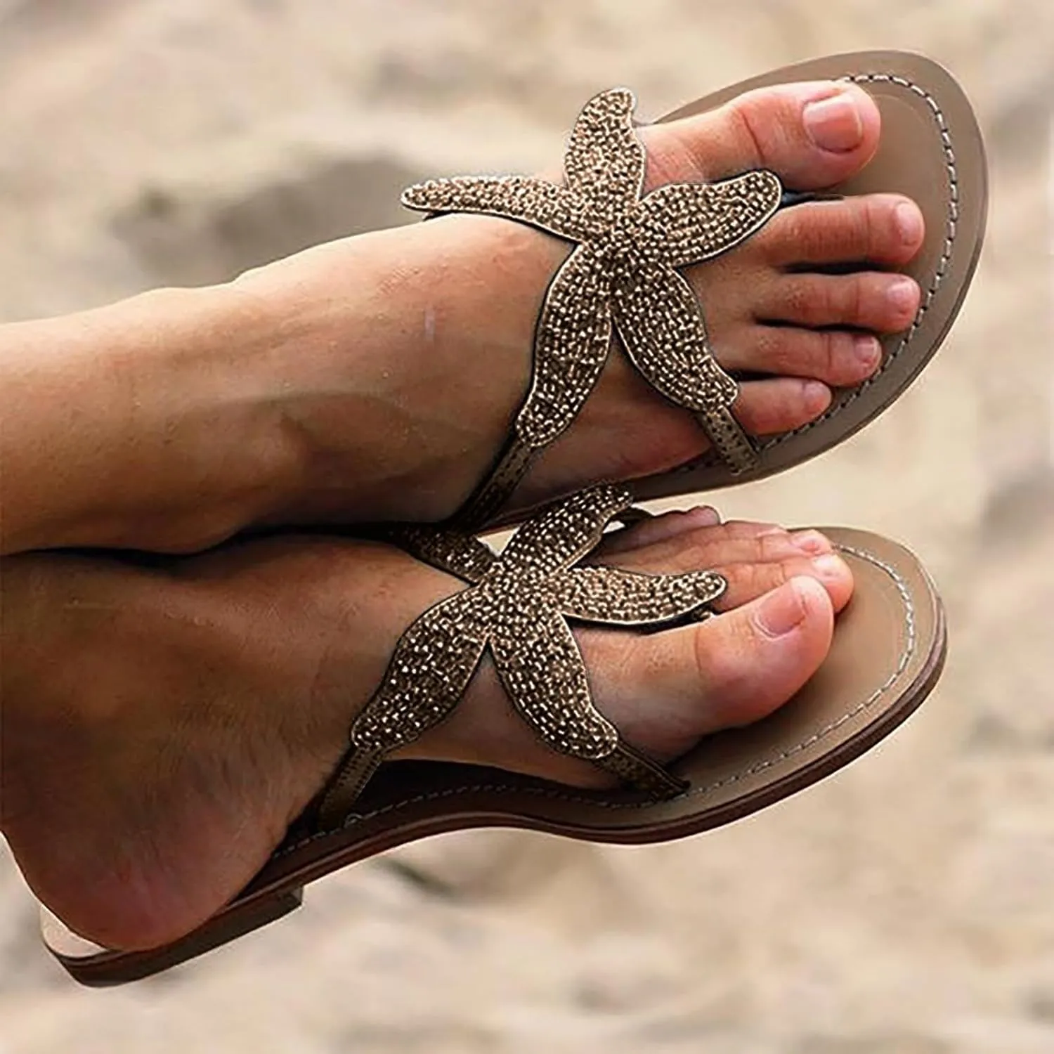 Beach Sandals for Woman Orthopedic Clip Toe Flat Slippers Lightweight Anti Slip Casual Slippers Cute Starfish Shower Beach Pool Bathroom Flat Slides Shoes