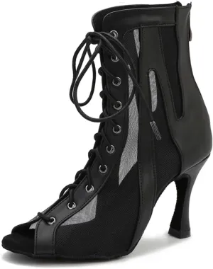 Black Leather Dance Boots - Pole/Salsa Party Heels for Ballroom (9CM/3.54")