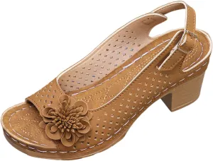 Block Heel Sandals for Women Comfortable Hollow Out Flowers Fish Mouth Slingback Sandals Summer Casual Slip on Dressy Shoes