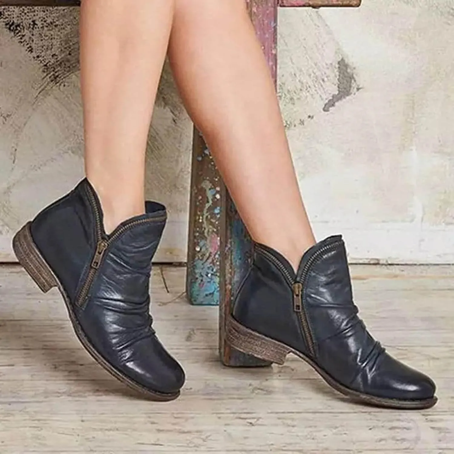 Boots for Women Ankle Boots Casual Womens Low Heel Fashion Arch Support Lace Up Zipper Shoes Walking Short Booties