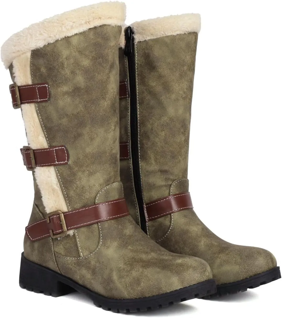 Boots for Women Side Zipper Buckle Straps Fuzzy Fur Warm Womens Boots Solid Color Comfortable Fashion Leather Boots