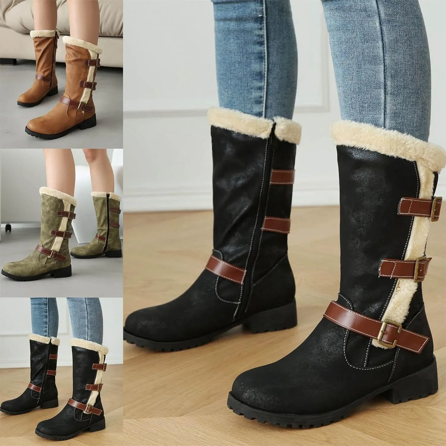 Boots for Women Side Zipper Buckle Straps Fuzzy Fur Warm Womens Boots Solid Color Comfortable Fashion Leather Boots