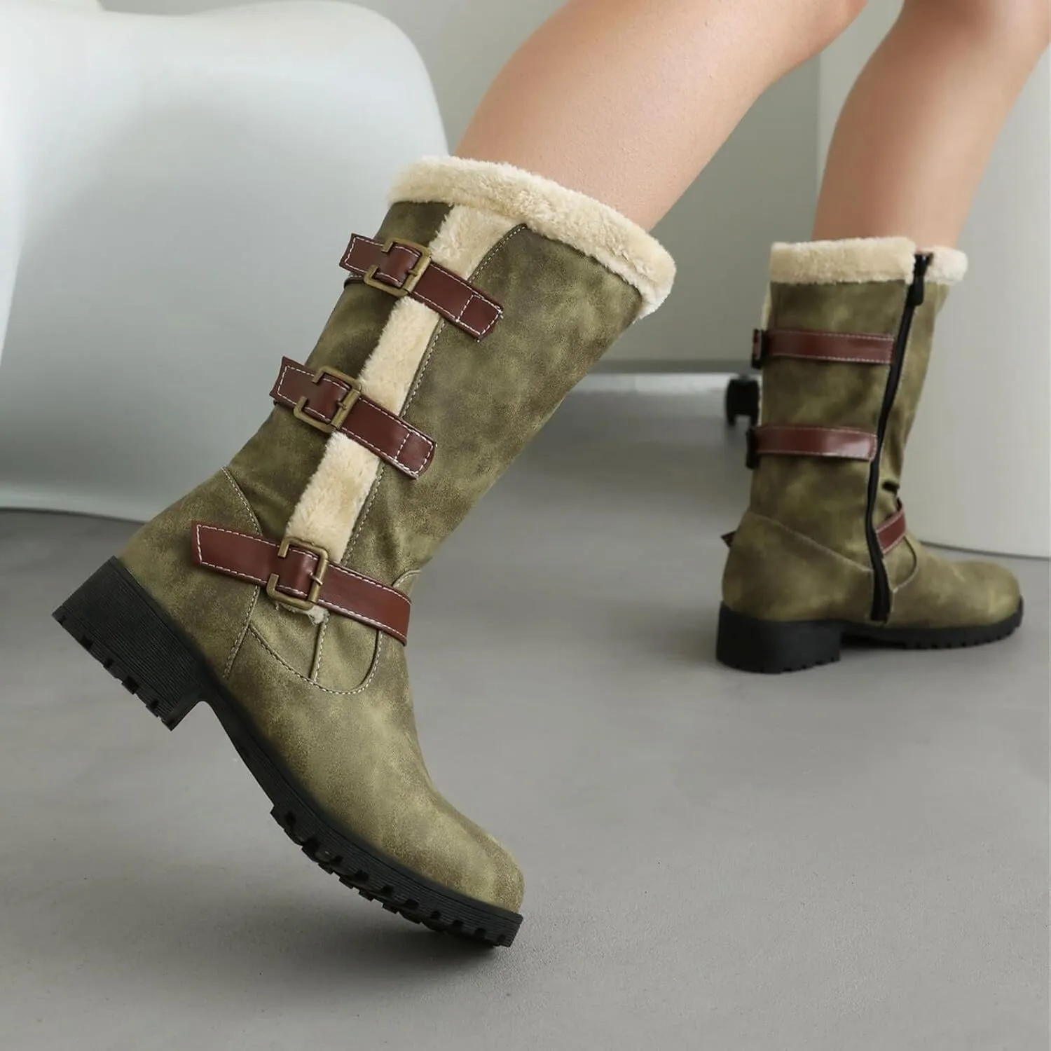 Boots for Women Side Zipper Buckle Straps Fuzzy Fur Warm Womens Boots Solid Color Comfortable Fashion Leather Boots