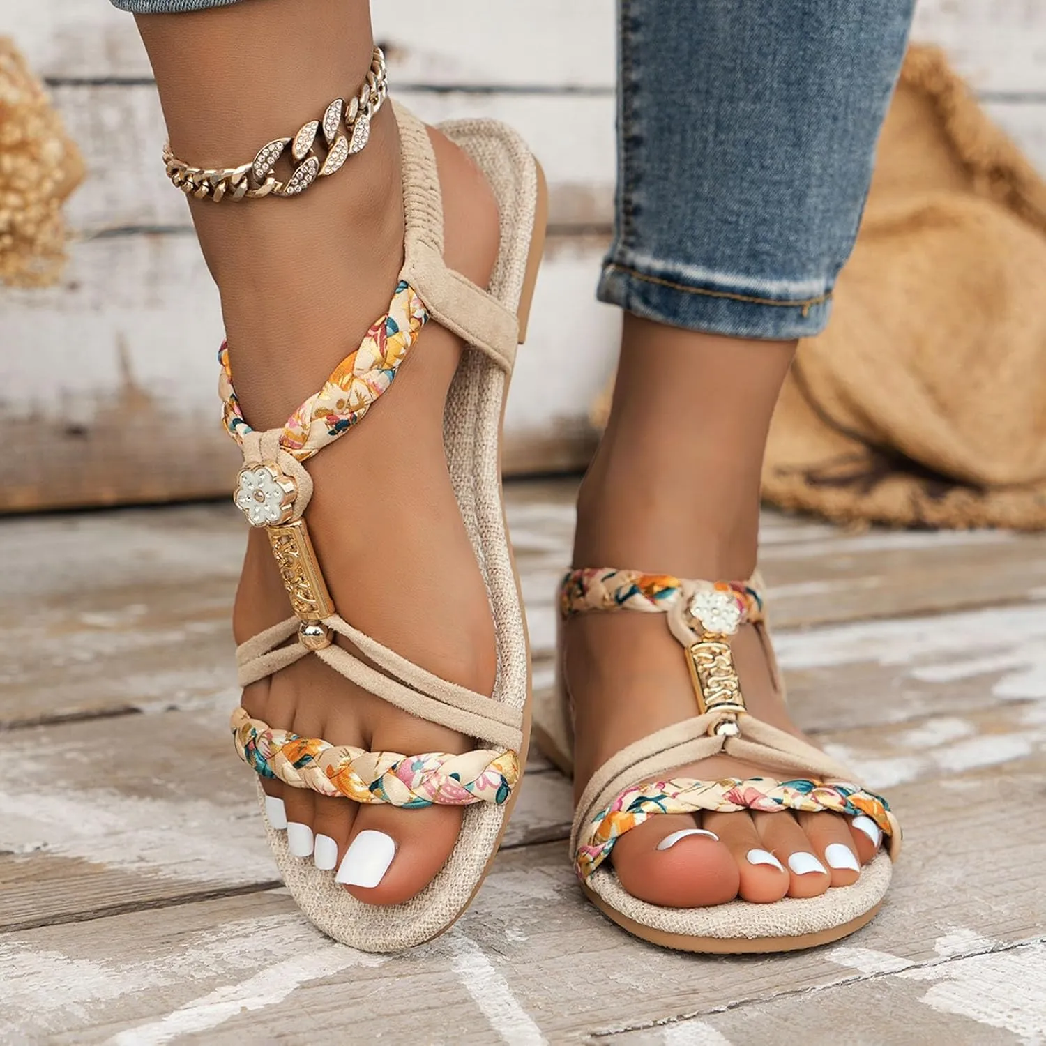 Casual Bohemian Beach Sandals Orthopedic Flat Sandals for Women Ankle Strap Flip Flops Open Toe Jeweled Wedge Sandal Dressy Summer Comfortable Boho Beach Shoes