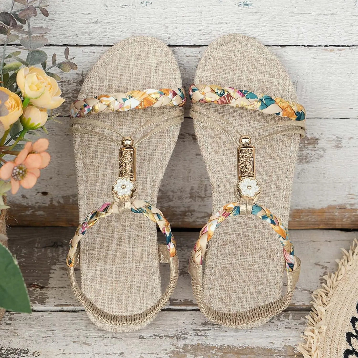 Casual Bohemian Beach Sandals Orthopedic Flat Sandals for Women Ankle Strap Flip Flops Open Toe Jeweled Wedge Sandal Dressy Summer Comfortable Boho Beach Shoes