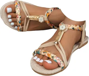 Casual Bohemian Beach Sandals Orthopedic Flat Sandals for Women Ankle Strap Flip Flops Open Toe Jeweled Wedge Sandal Dressy Summer Comfortable Boho Beach Shoes