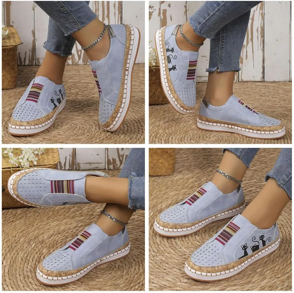 Casual Hollow Lightweight Flat Shoes for Women Elastic Slip-On Loafers Cute Cat Printed Low Top Fashion Indoor Running Shoes