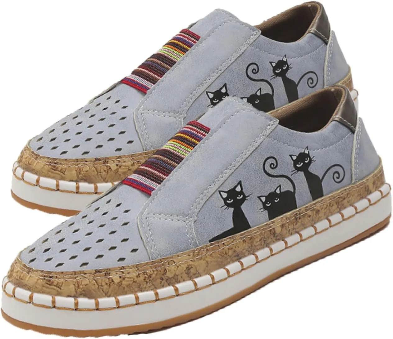 Casual Hollow Lightweight Flat Shoes for Women Elastic Slip-On Loafers Cute Cat Printed Low Top Fashion Indoor Running Shoes