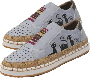Casual Hollow Lightweight Flat Shoes for Women Elastic Slip-On Loafers Cute Cat Printed Low Top Fashion Indoor Running Shoes