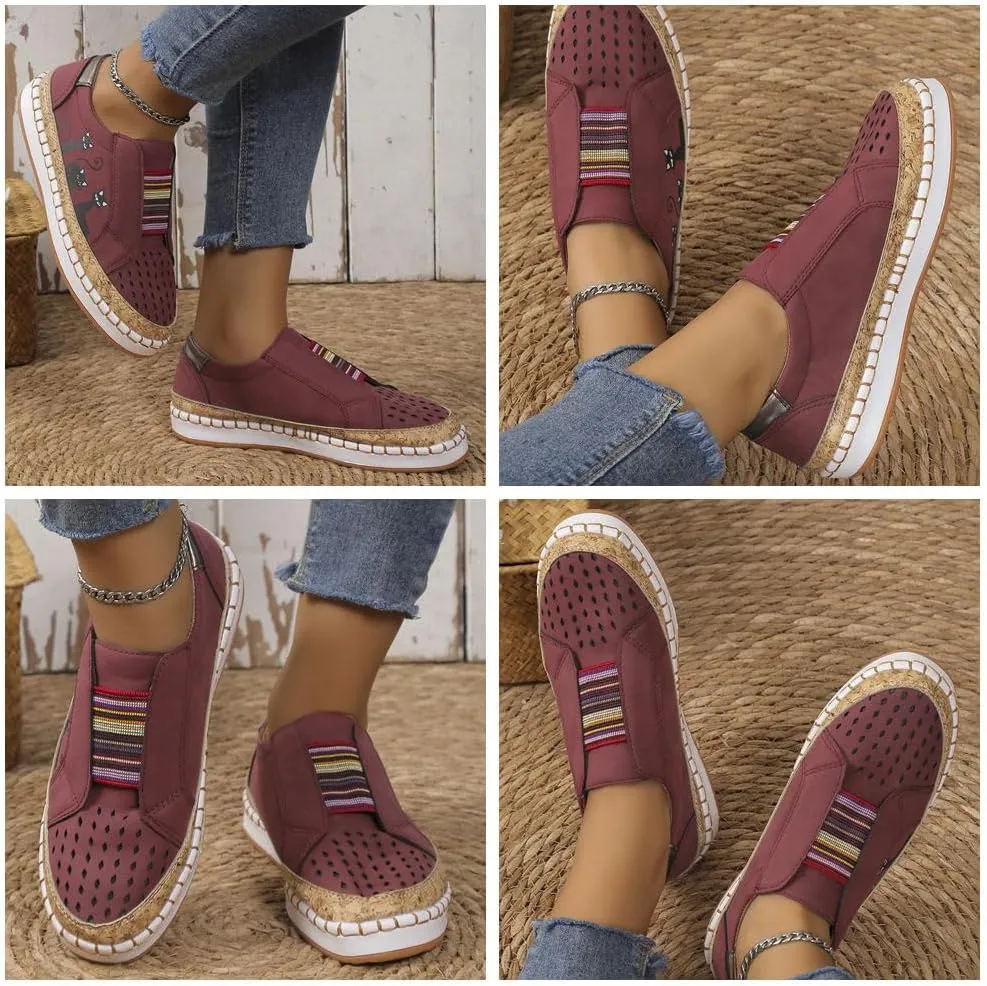 Casual Hollow Lightweight Flat Shoes for Women Elastic Slip-On Loafers Cute Cat Printed Low Top Fashion Indoor Running Shoes