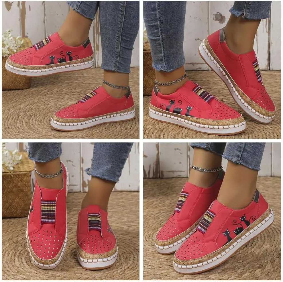 Casual Hollow Lightweight Flat Shoes for Women Elastic Slip-On Loafers Cute Cat Printed Low Top Fashion Indoor Running Shoes