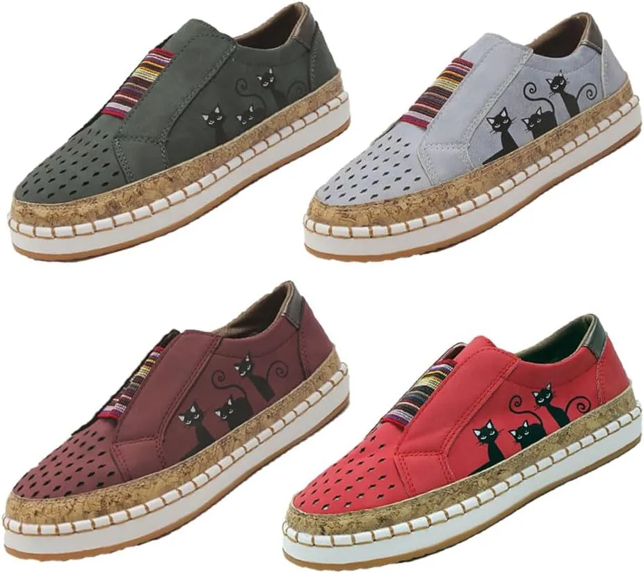 Casual Hollow Lightweight Flat Shoes for Women Elastic Slip-On Loafers Cute Cat Printed Low Top Fashion Indoor Running Shoes