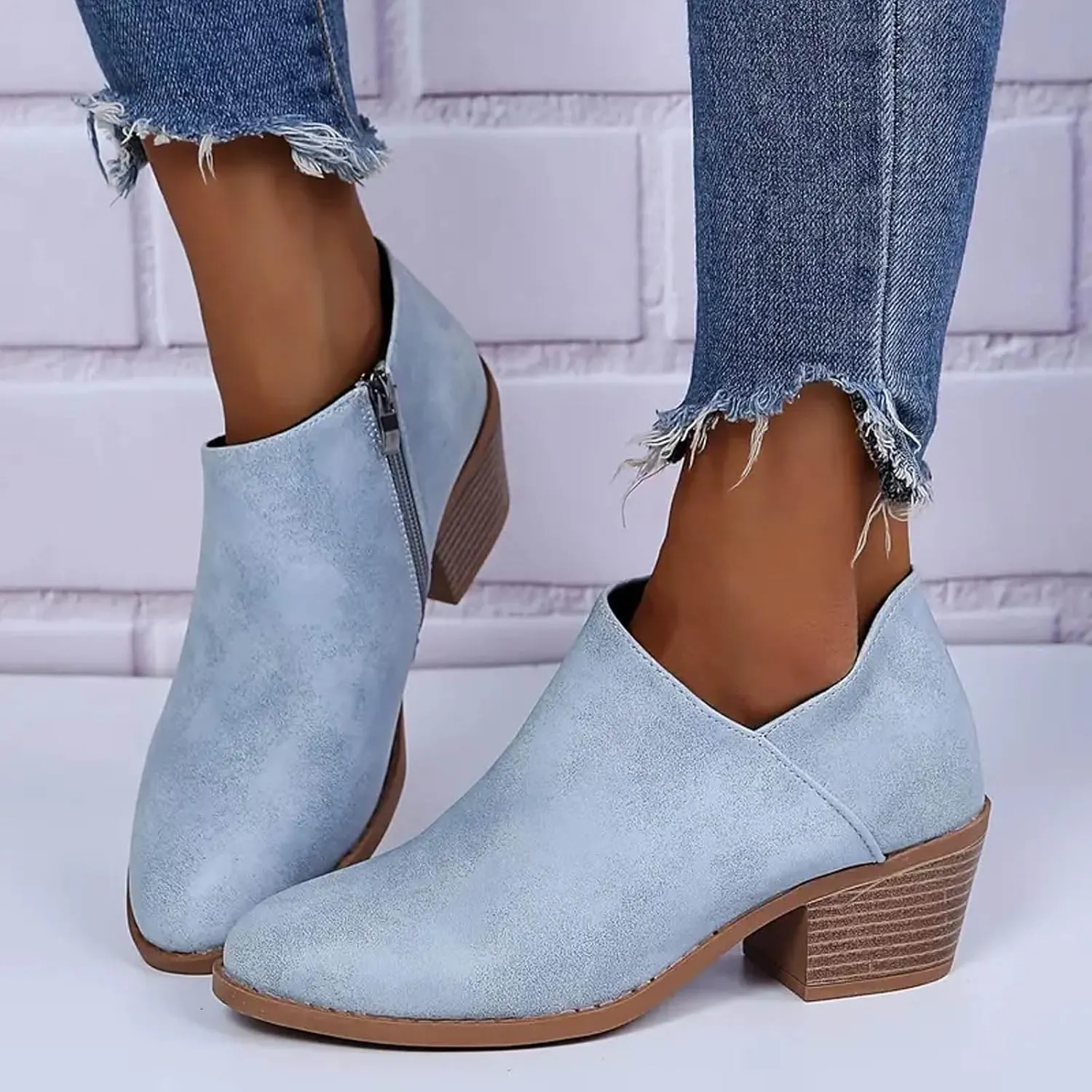 Cathalem Ankle Booties for Women Low Heel,2024 New Retro V Cutout Short Warm Boots Closed Toe Low Heel Combat Western Shoes