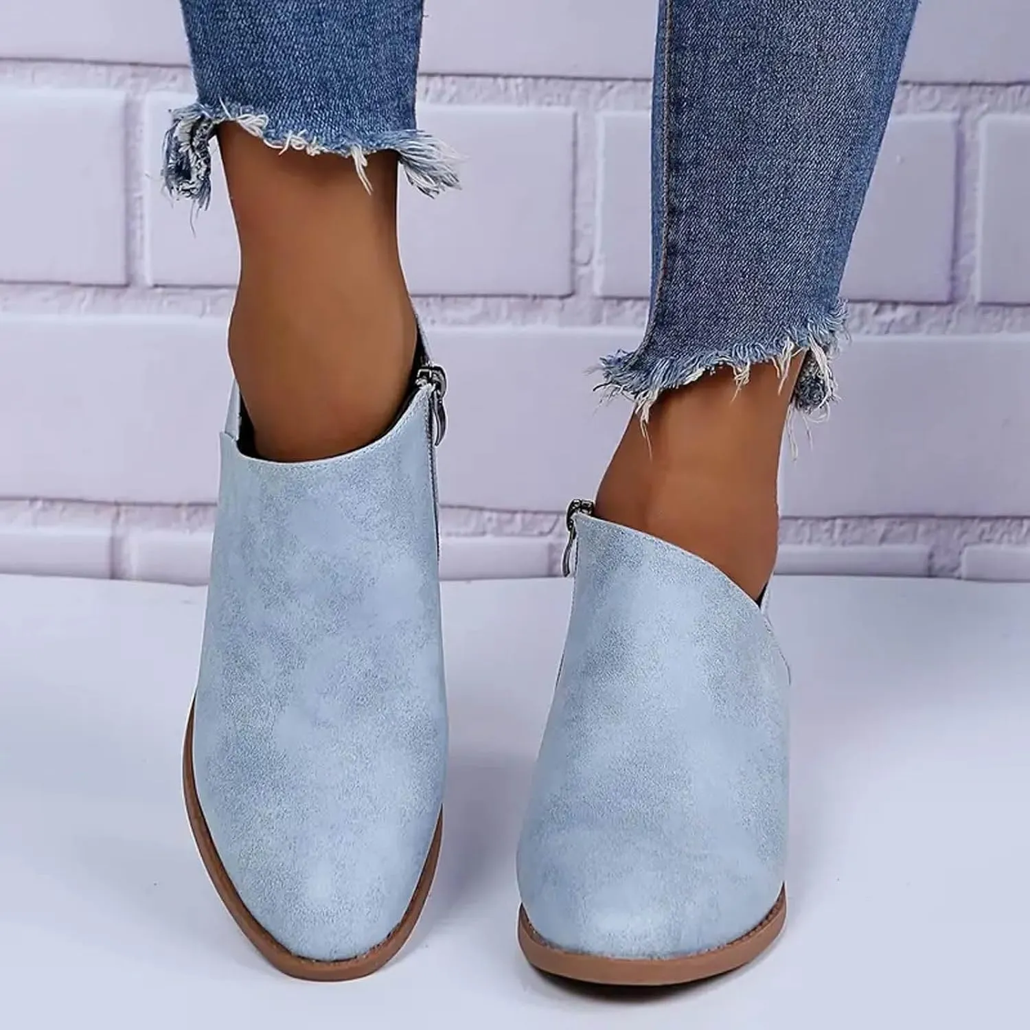 Cathalem Ankle Booties for Women Low Heel,2024 New Retro V Cutout Short Warm Boots Closed Toe Low Heel Combat Western Shoes