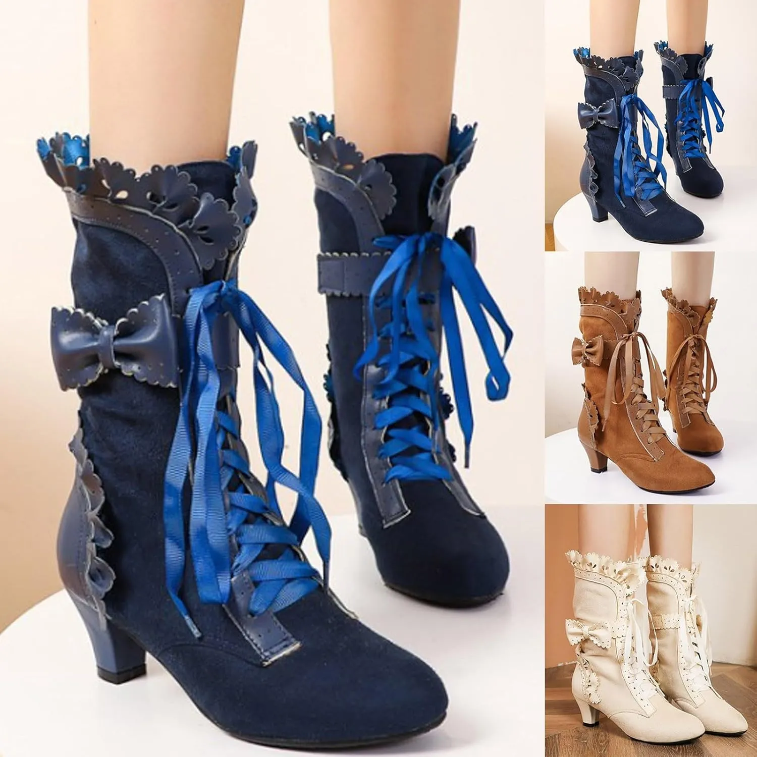 Cathalem Mid Calf Boots for Women Casual Lace Up Renaissance Boots 70s Mid Heels Vintage Boots Halloween Cosplay Witch Shoes