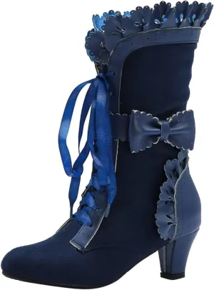 Cathalem Mid Calf Boots for Women Casual Lace Up Renaissance Boots 70s Mid Heels Vintage Boots Halloween Cosplay Witch Shoes