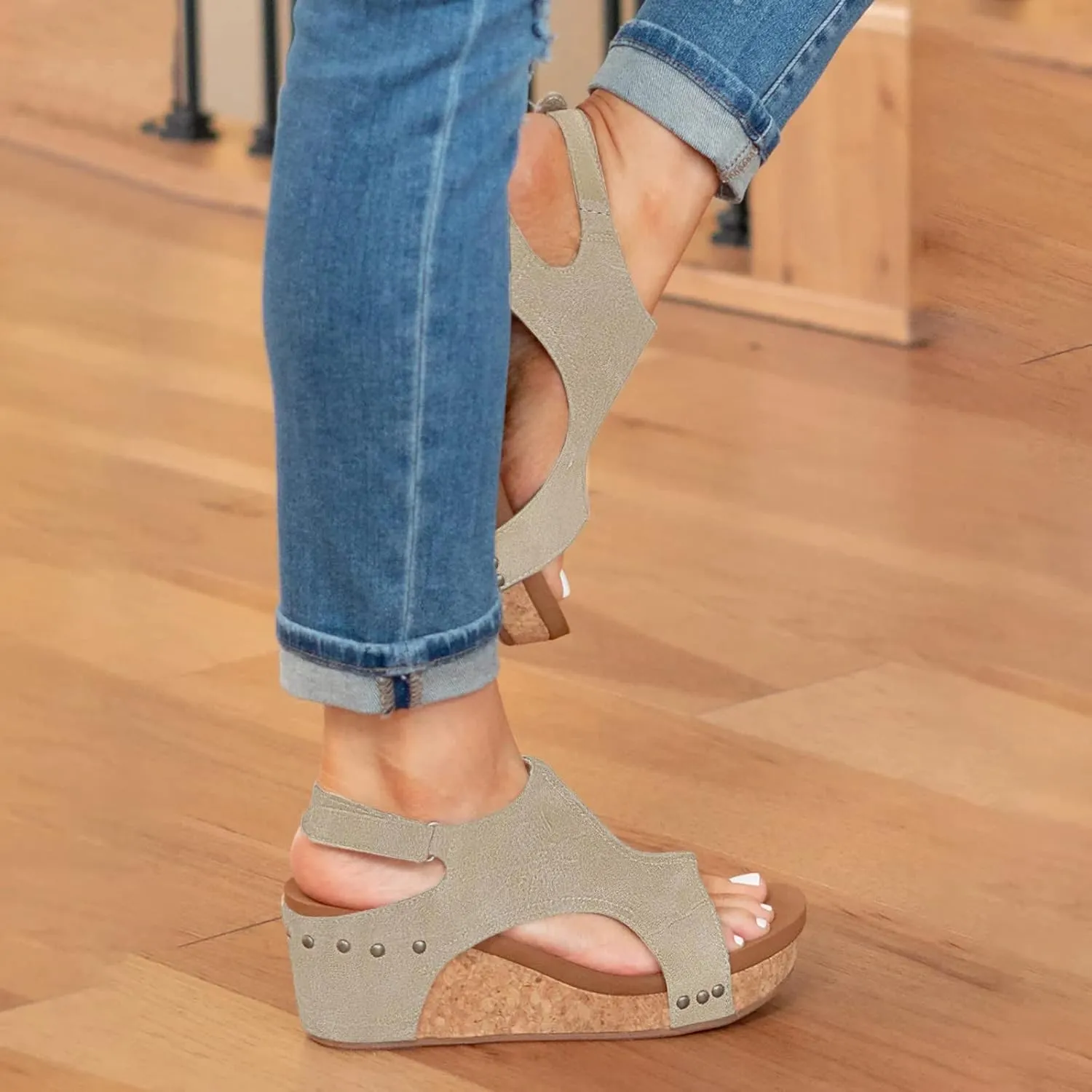 Cathalem Orthopedic Sandals for Women, Ankle Strap Casual Low Wedges Strappy Slip on Sandals Wedge Shoes for Women