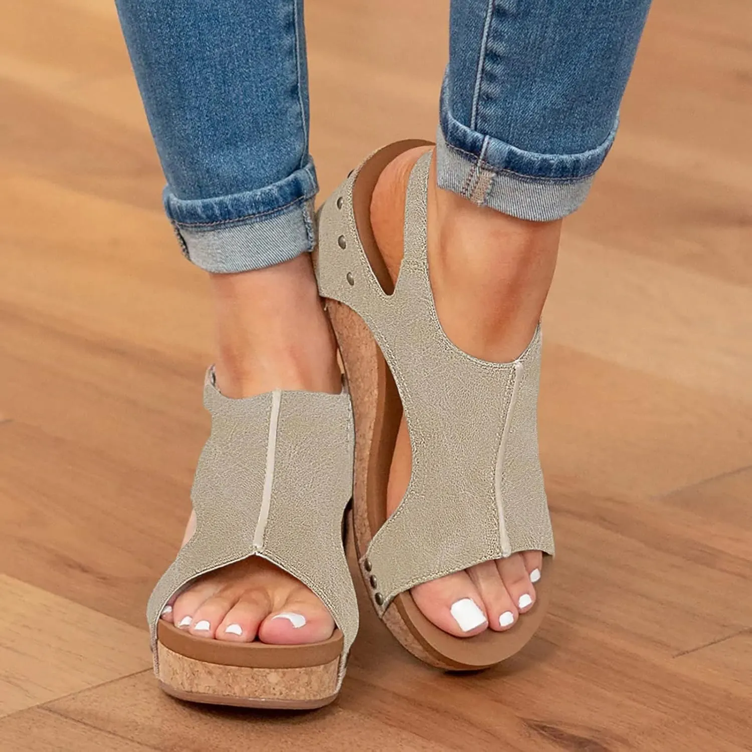 Cathalem Orthopedic Sandals for Women, Ankle Strap Casual Low Wedges Strappy Slip on Sandals Wedge Shoes for Women