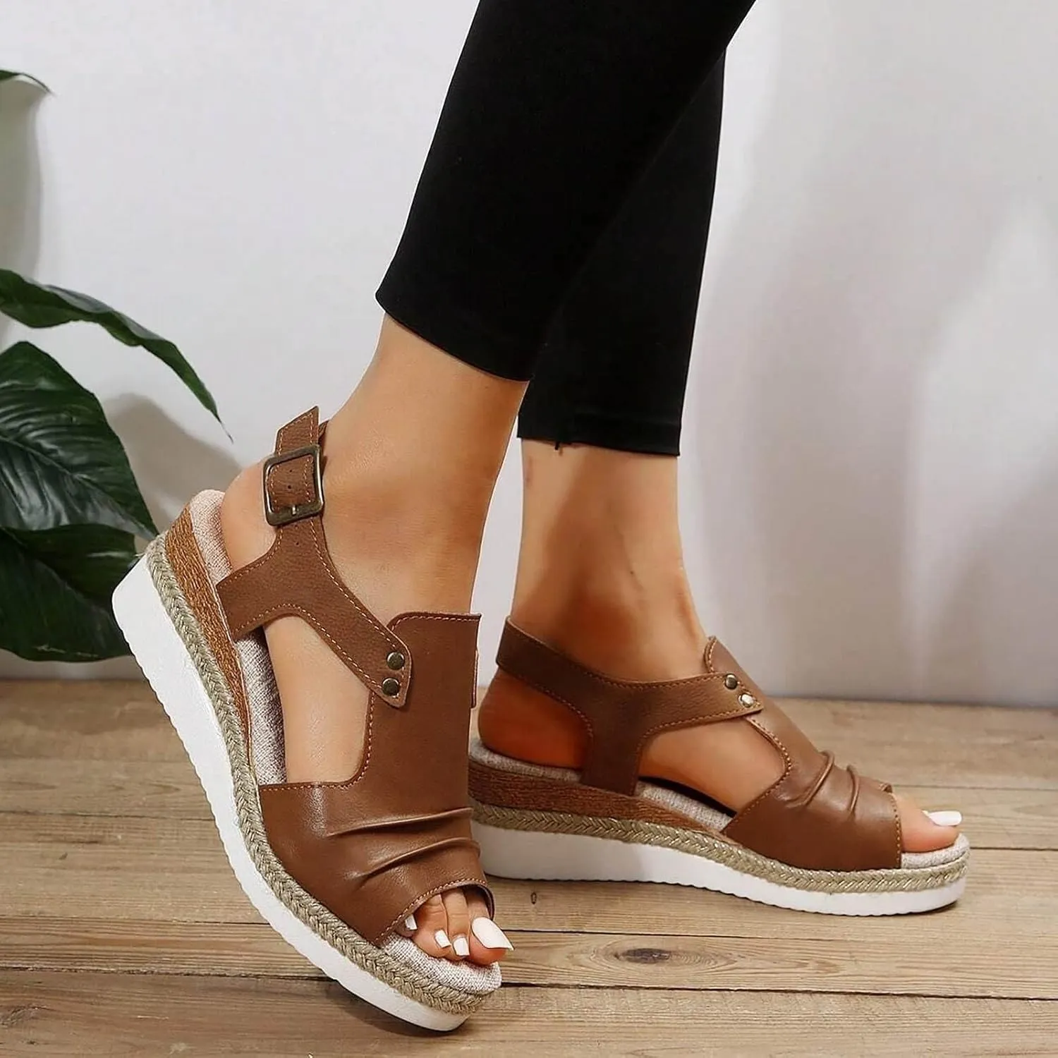 Cathalem Orthopedic Sandals for Women Flat Open Toe Ankle Strap Espadrilles Sandals Casual Slip on Sandals Beach Boho Sandals