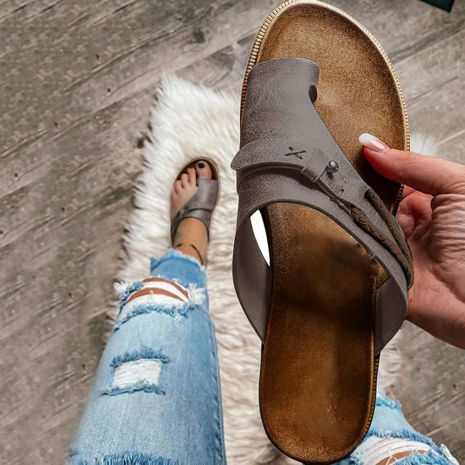 Cathalem Wedge Sandals for Women, Arch Support Summer Sandals for Women 2024 Retro Anti-Slip Slip On Flat Toe Open Sandals