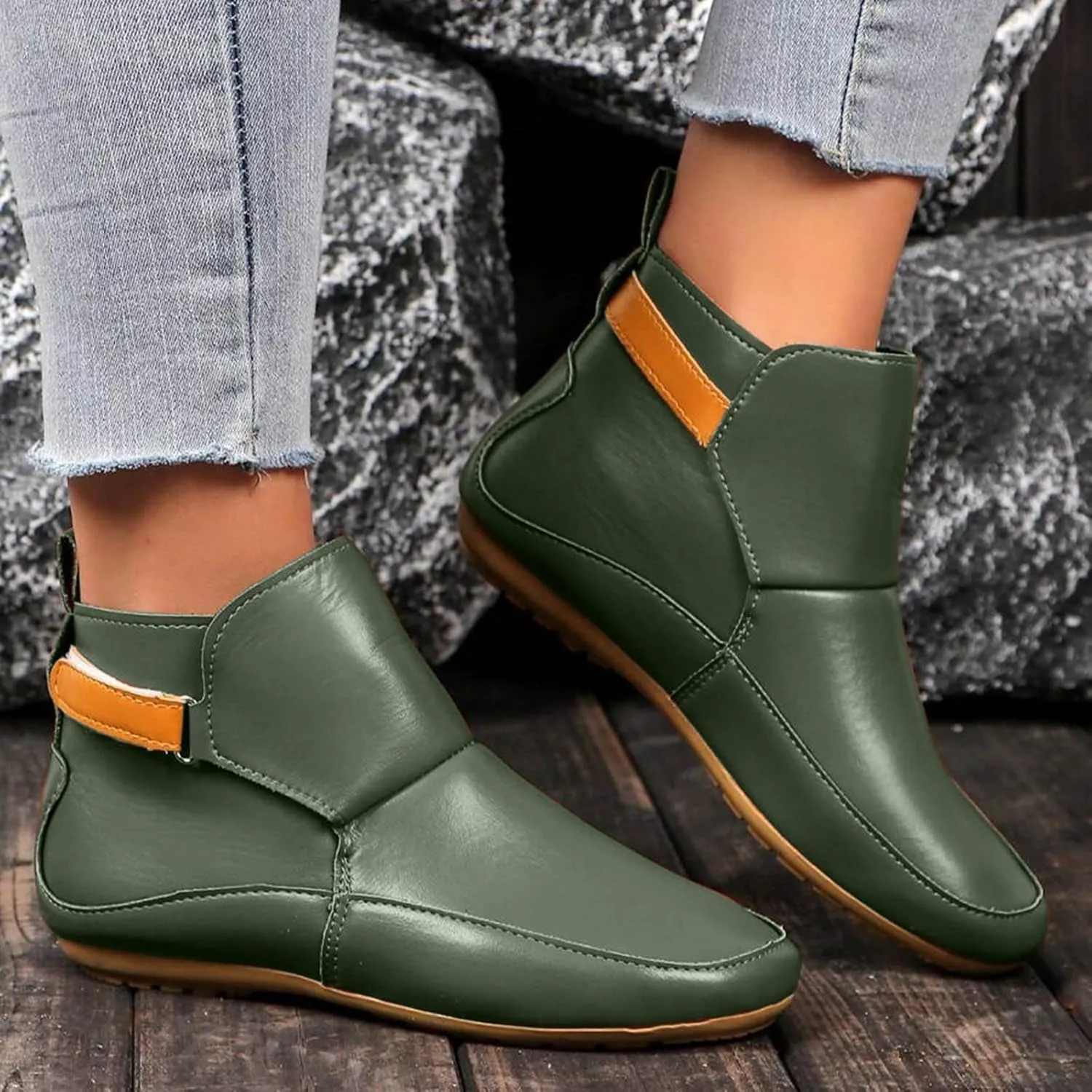 Cathalem Womens Ankle Boots, 2024 New Arch Support Booties Side Zip-up Vintage Leather Damping Shoes Flat Heel Booties