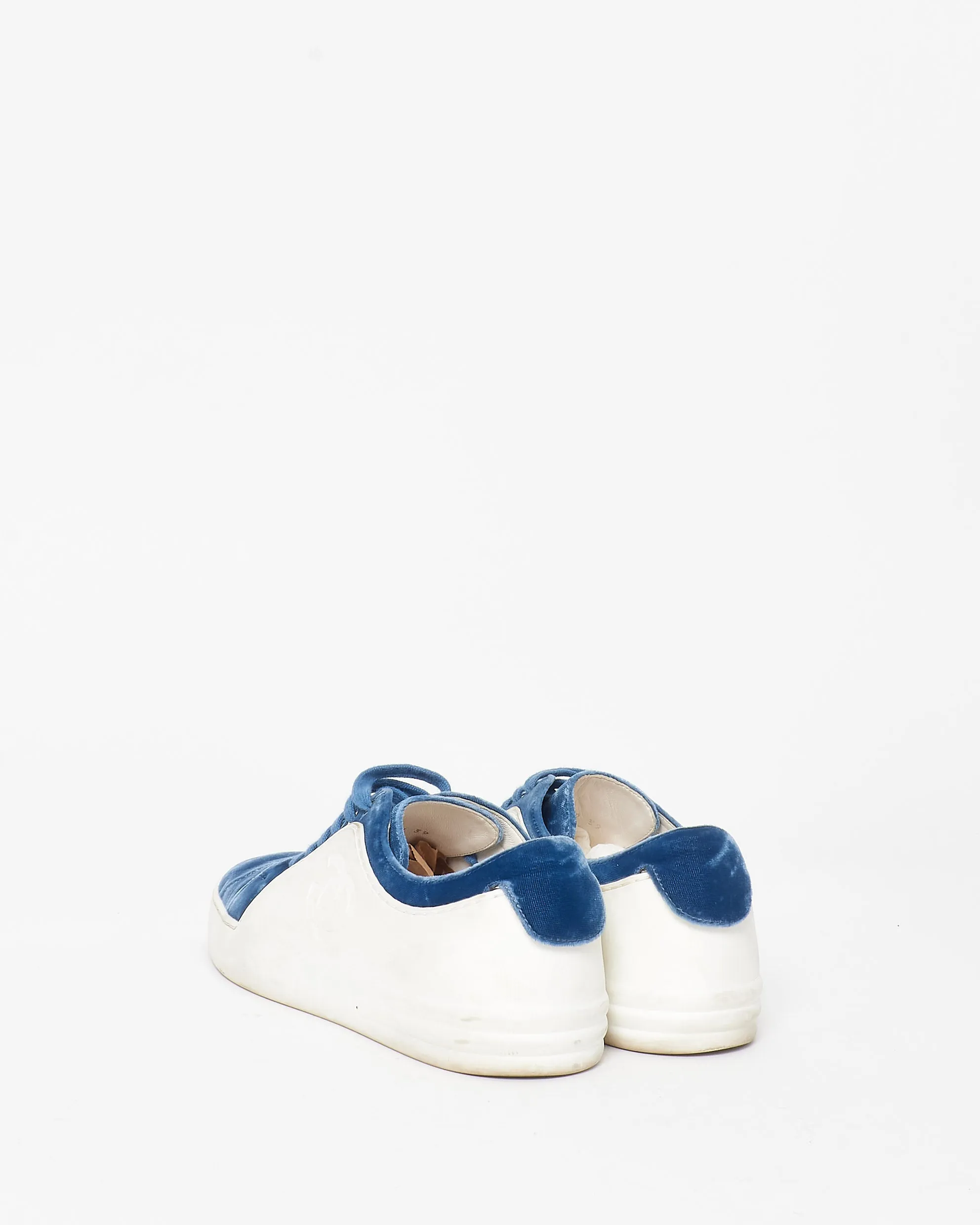 Chanel White Leather & Blue Velvet CC Logo Trainer - 39