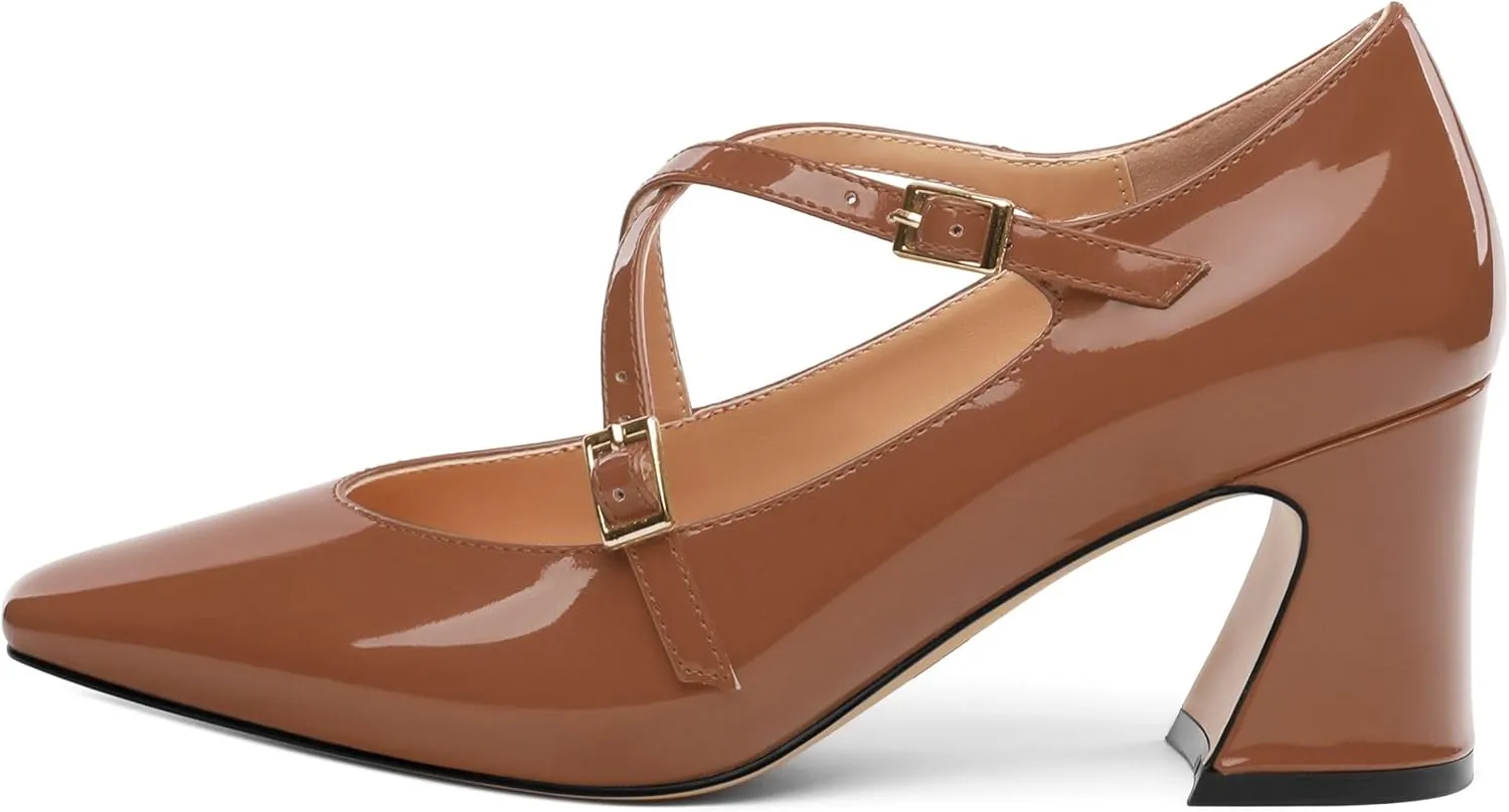 Chunky Block Heels for Women Closed Square Toe Patent Pumps Cross Strap High Heels Evening Party Dress Shoes 2.5IN