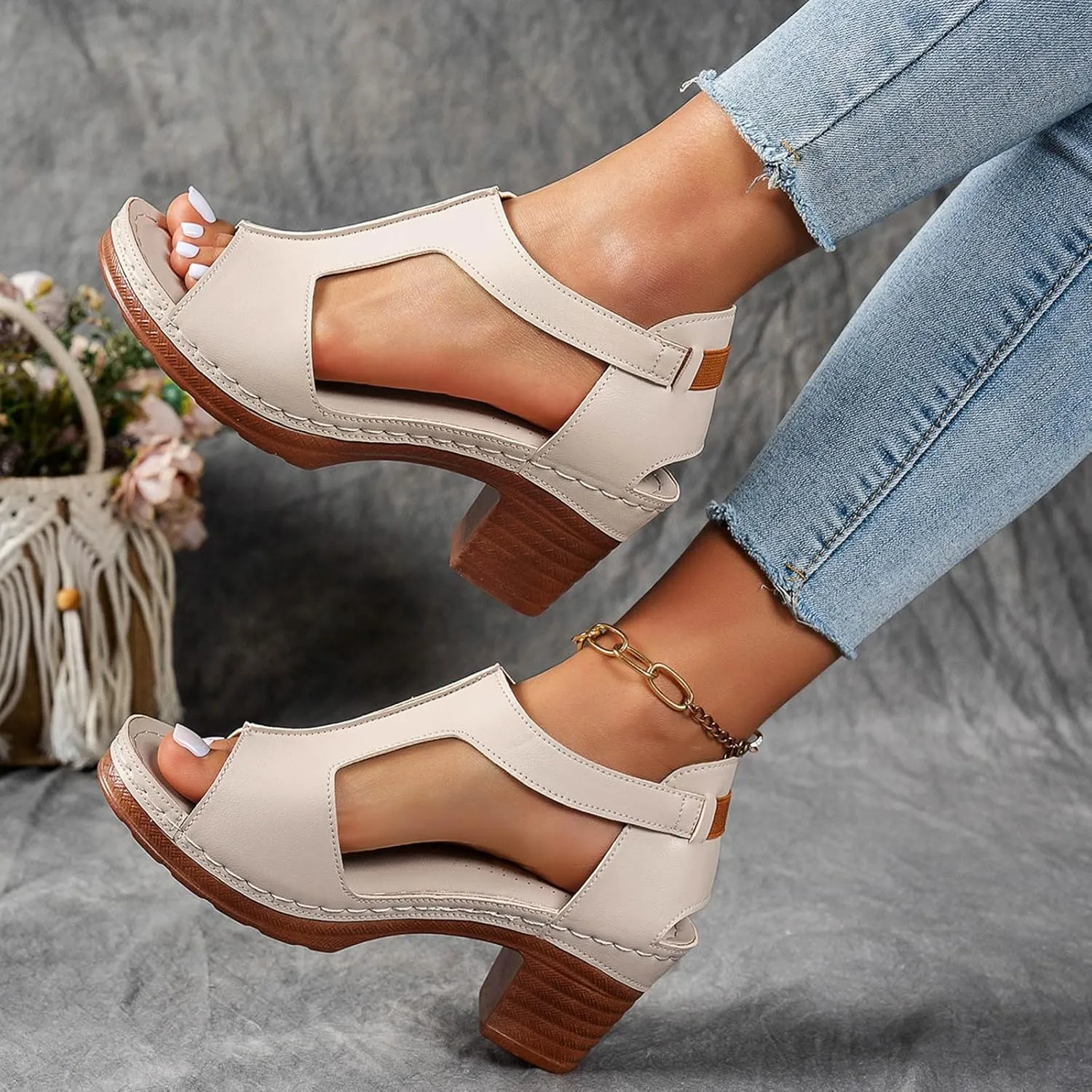Chunky Heel Sandals for Women Platform Wedges Open Toe Wedges Heels Dressy Summer Comfortable Platform Sandals Ankle Strap Low Heels Work Sandal for Women Office Summer Shoes