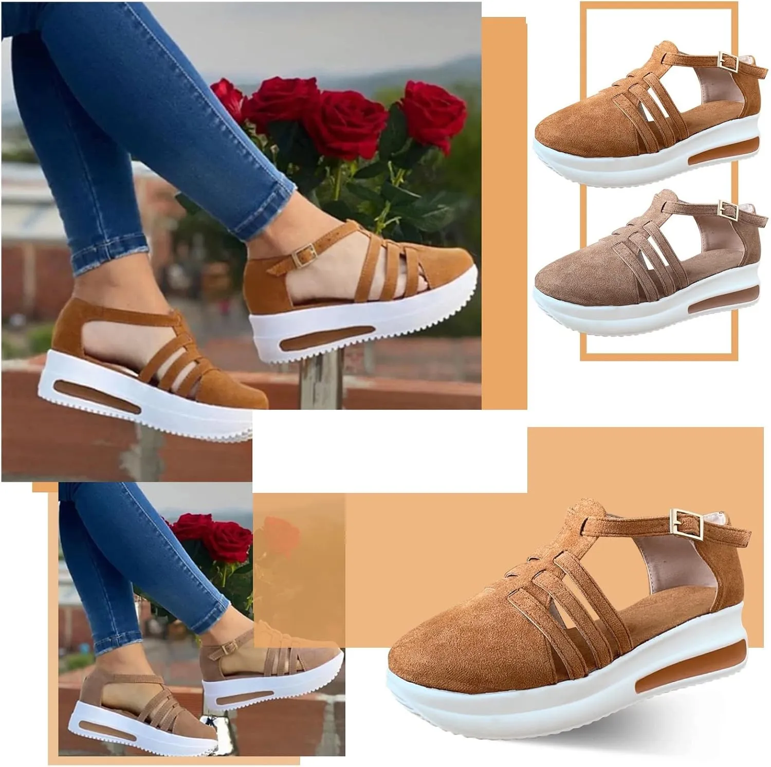 Closed Toe Sandals for Women 2025 Dressy Summer Comfortable Platform Wedge Sandals Ankle Strap Slip On Sandal with Arch Support Casual Hollow Out Sandal Dress Walking Shoes
