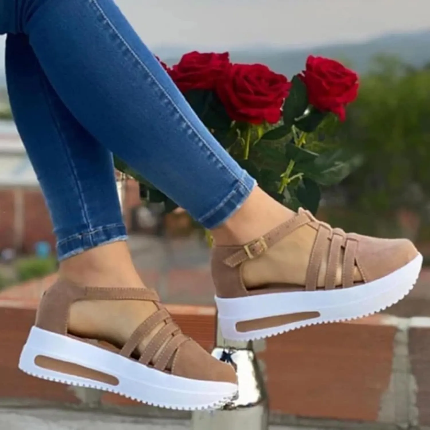 Closed Toe Sandals for Women 2025 Dressy Summer Comfortable Platform Wedge Sandals Ankle Strap Slip On Sandal with Arch Support Casual Hollow Out Sandal Dress Walking Shoes