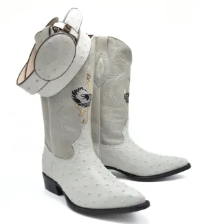 Combo JB901 Bone Men's Western Boots: J Toe Cowboy & Rodeo boots in Genuine Leather Ostrich Print  001 Bone Belt