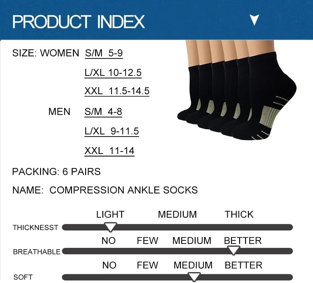 Copper Compression Socks Women and Men 6 Pairs - Circulation Arch Support Plantar Fasciitis Running Ankle Socks