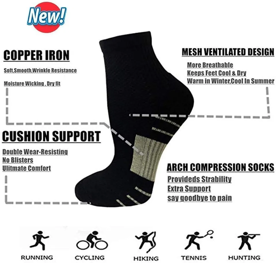 Copper Compression Socks Women and Men 6 Pairs - Circulation Arch Support Plantar Fasciitis Running Ankle Socks